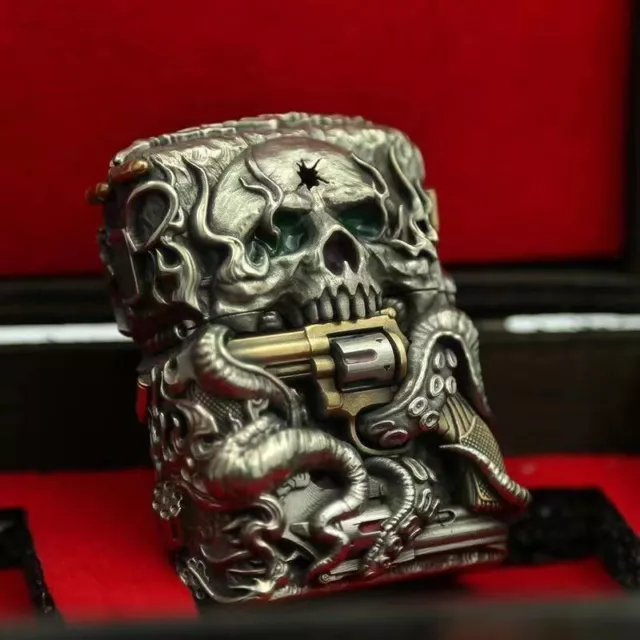 New Zippo oil Lighter revolver skull with box