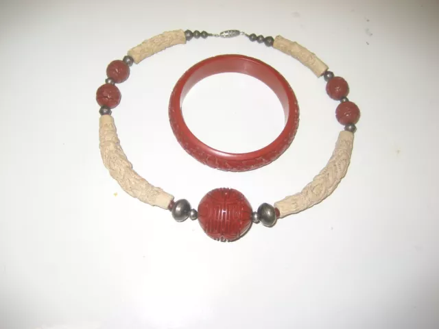 Cinnabar And Carved Clay Or Resin Neclace And Bracelet