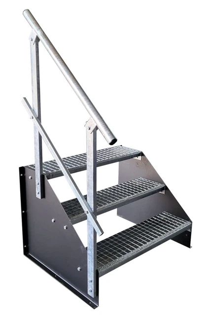 3 Stufen Treppe Breite 60 - 160 cm Stahltreppe Höhe 63 cm schwarz 1x Geländer