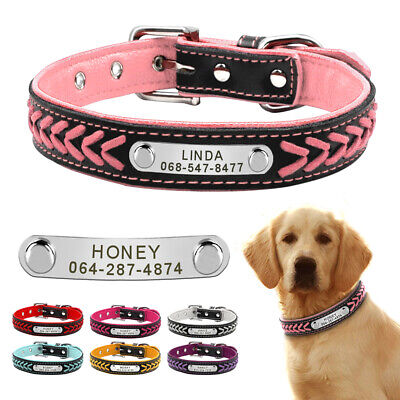 Braided Personalized Dog Collar with Leather Padded Pet Name ID Tag Engraved
