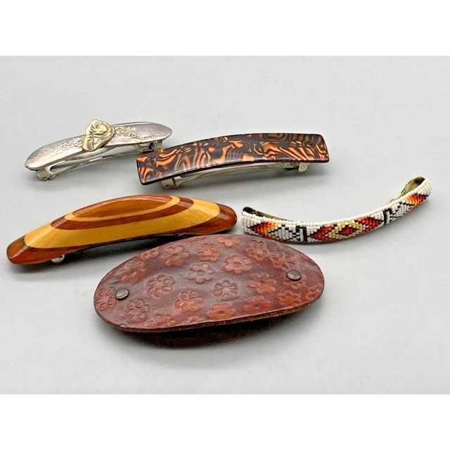 Retro Hair Clip Lot, Vintage Barrette Bundle of 5, Wood Leather Beaded