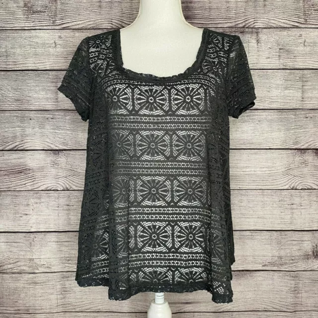 American Eagle Outfitters Gray Grey Lace Scoop Neck Sheer Blouse Top Shirt SZ L