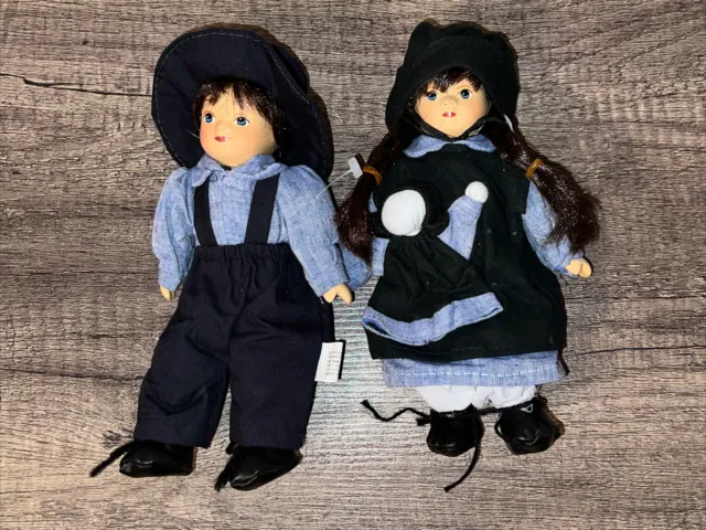 2 Vintage Springfield The Amish Porcelain Dolls Girl & Boy In Blue 8" Tall
