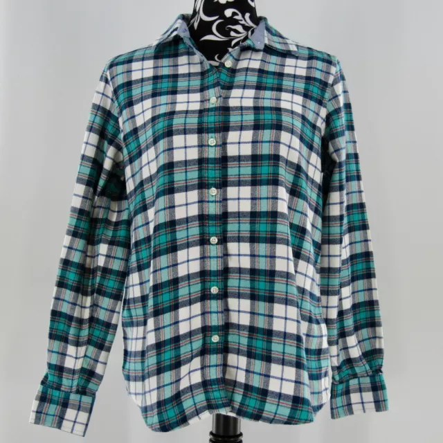 Land's End Women's Cotton Plaid Flannel Shirt Size 6-8 Green Blue Long Sleeve