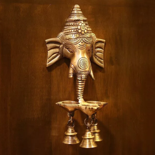 Lovely 9" Brass Ganesha Wall Hanging With Bell & Diya Lamp Diwali Home Decor