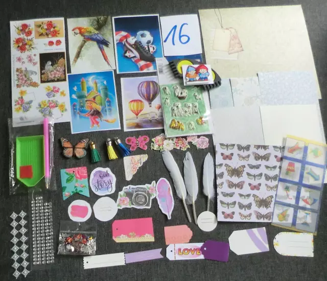 16-Hobbyauflösung MIX Bastelpaket Set Papier Bunt MIX Auflger Feder Glitzerstein