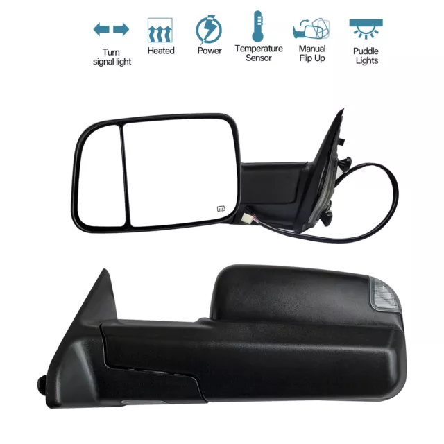 Pair Towing Mirrors Power Heated Turn Signal For 2009-23 Dodge Ram 1500 Classic