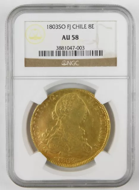 1803-So-F.J. Chile Charles IV 8 Escudos Gold NGC AU58 Circulated Coin C0108