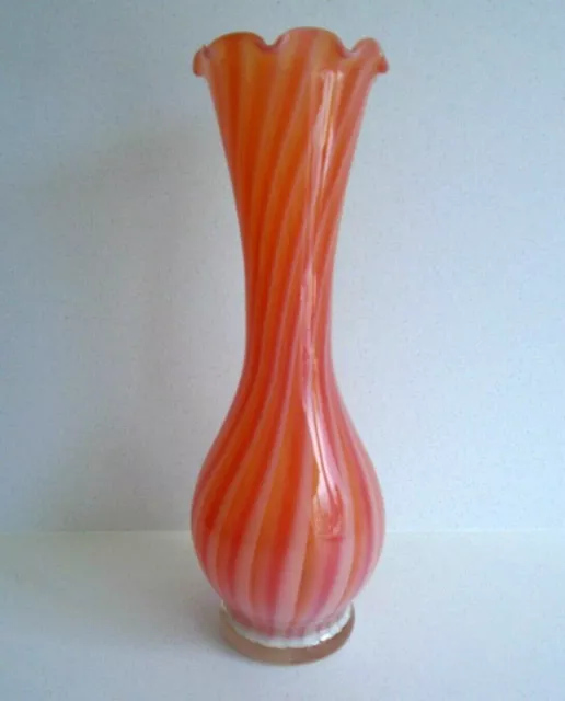 Vintage 60s striped murano style art glass Vase vase ruffle rim 24cm pink peach