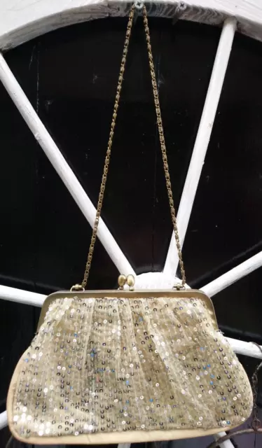 Vintage Beaded Evening Bag with Brass Chain Gold Coloured Inner