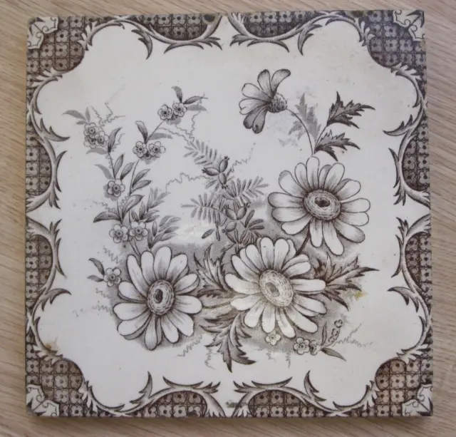 Antique Ceramic Tile Old Vintage Floral Flowers Brown And Cream Unbranded