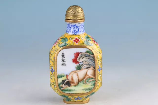 Chinese cloisonne hand painting dog plating gold snuff bottle