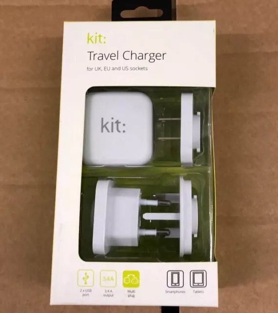 Kit chargeur de voyage 3.4A VÉRITABLE MUR SECTEUR UK/UE/US pour téléphones et tablettes.