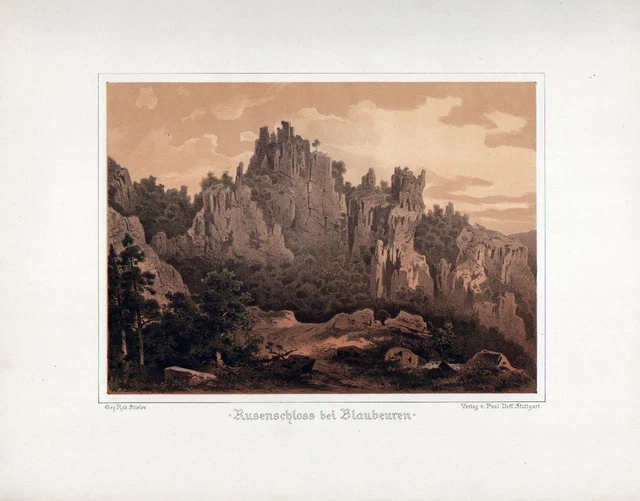 1870 Rovine Hohengerhausen Rusenschloß Blaubeuren Litografia Stieler