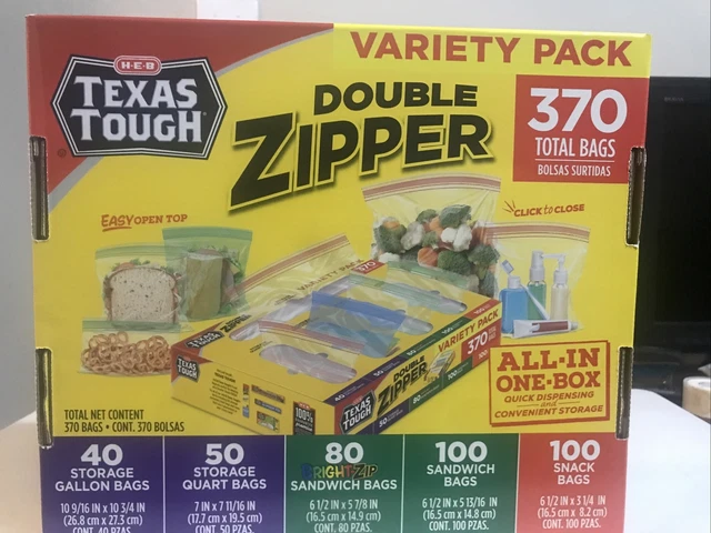 Texas Tough Storage Bag Variety 370 Bags Double Zipper Bags All in One Box  Variety Food Bags Gallon Quart Sandwich Snack Size Combination