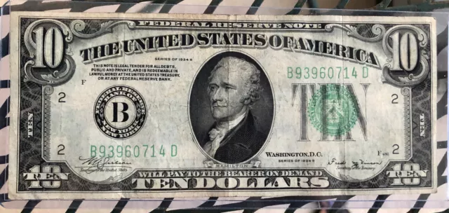 Limited 1934-B $10 Dollar Bill Federal Reserve Note-Ny*Very Good Fr 2007-B