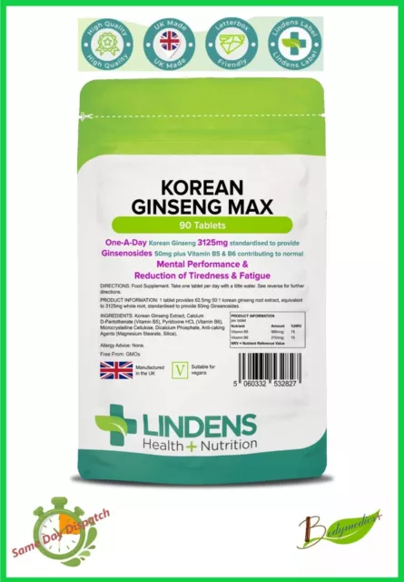 Koreanischer Ginseng Max (Panax) 3125 mg Energie geistige Leistungsfähigkeit 90 Tablette Linden UK