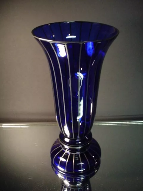 Czech Art Glass Wiener Werkstatte 12" Ht Cobalt Vase w/Silver Powolny Art Deco