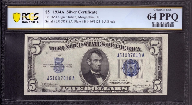 1934 A $5 Silver Certificate Note Fr 1651 Ja Block Pcgs B Choice Unc 64 Ppq