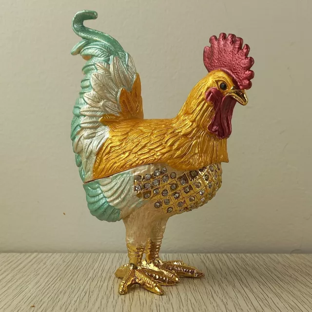 Rooster Hand Painted Enamel Rhinestone Gold Blue Hinged Trinket Box Pewter 2