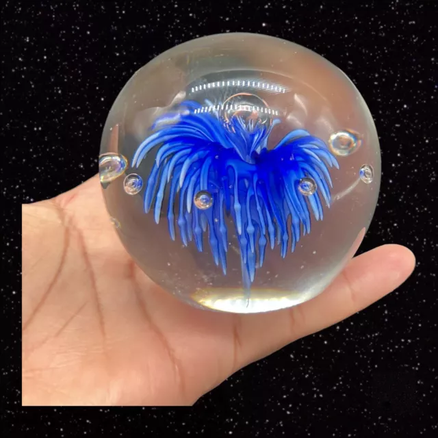 Vintage Art Glass Paperweight Blue Flower w Large Bubbles Bullicante Round 3”T