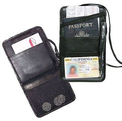 Black Leather Passport Travel Lanyard Pen ID Holder Neck Strap Thin Organizer 2