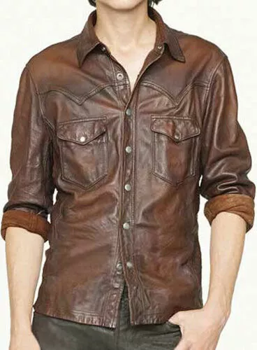 Cool Men Leather Shirt Genuine Lambskin Soft Basic Vintage Slim Fit StylishShirt
