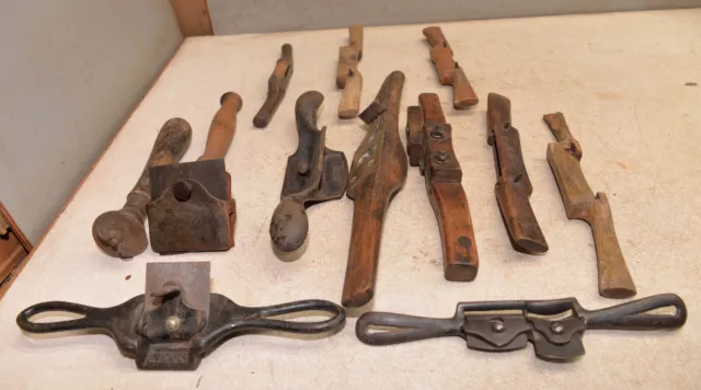 Antique iron & wood scrapers draw shave Stanley & more collectible tool lot