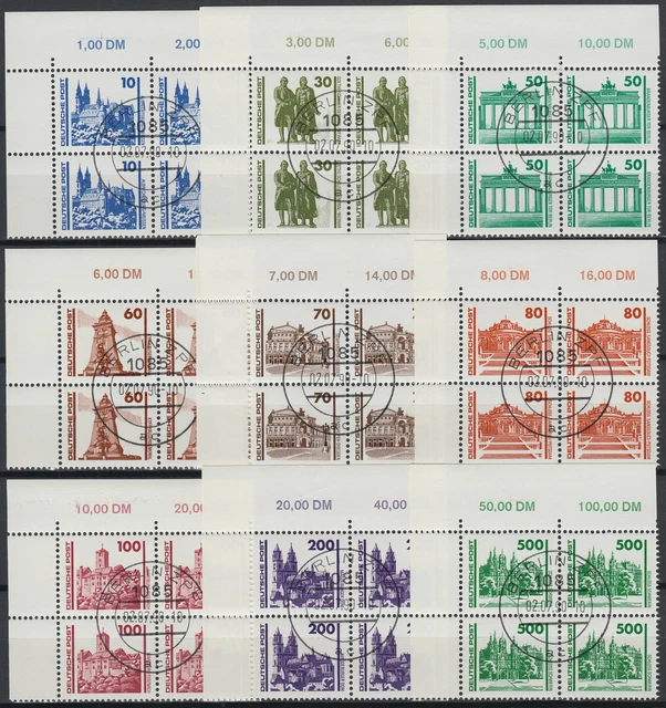 DDR Nr. 3344-3352 gestemp. Eckrand-4er-Block-Satz oben links "Dt. Post Bauwerke"
