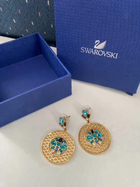 Swarovski Dangle Crystal Earrings Gold Tone Blue Stones 30 MM Dia. Orig. $125.00