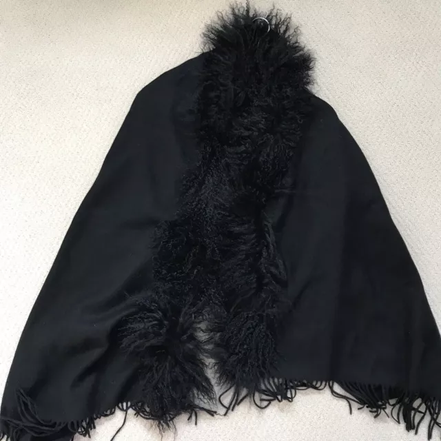 NEW 100% Wool Real Fur Wrap Shawl Cape BLACK ONE SIZE 