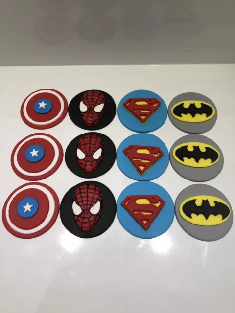 12 x SUPER HERO CUPCAKE TOPPER FONDANT, ICING SUGAR EDIBLE BIRTHDAY PARTY CAKE