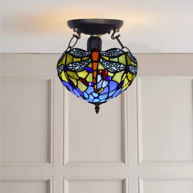 Tiffany Dragonfly Style Ceiling Lamp 10 inch Stained Glass Shade Multicolored