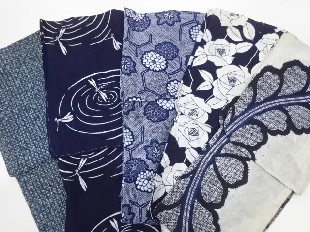 37184# Japanese Kimono / Antique Yukata / Set Of 5 / Japan Blue