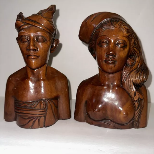 Bali Man & Woman Indonesia Hand-Carved Hard Wood  Vintage