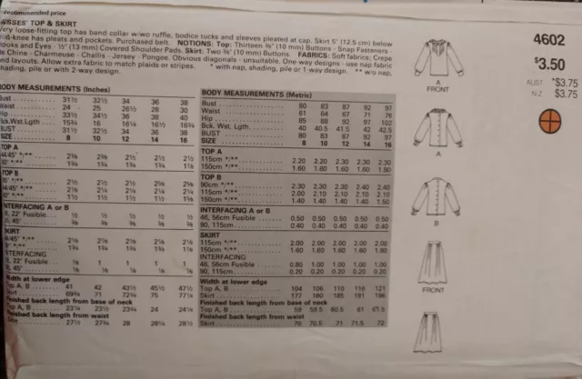 4602 Vintage Butterick SEWING Pattern Misses Very Loose Fitting Top Skirt UNCUT 2