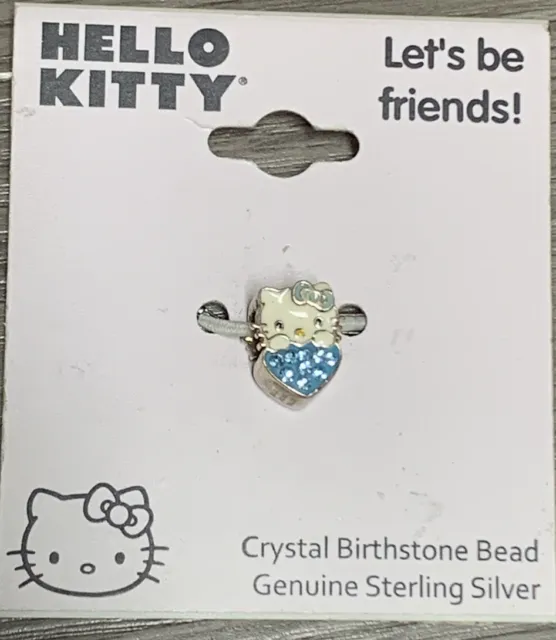 Sanrio Hello Kitty Sterling Silver Aqua Crystal December Birthstone Heart Bead