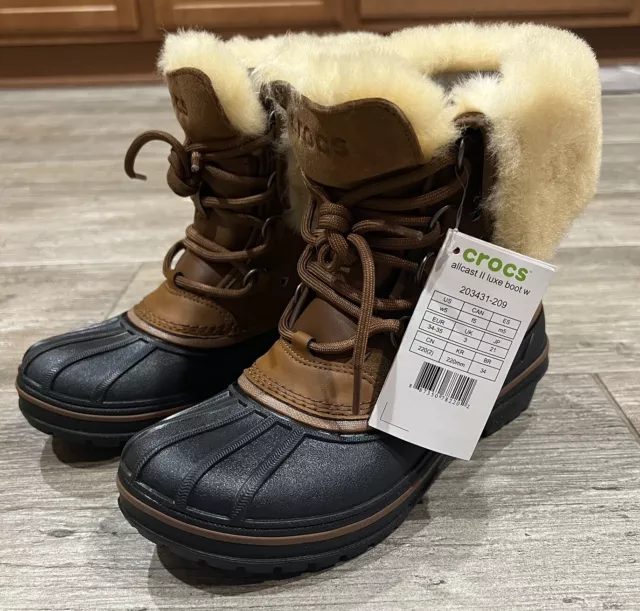 Nwt Crocs W5 Leather Allcast Ii Luxe Snow Boots In Wheat Black. Style 203431-209