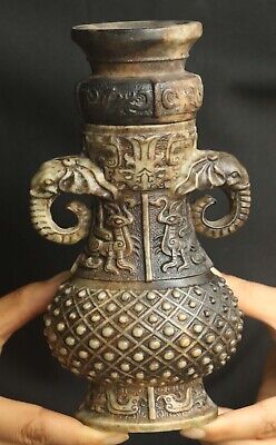 Big Old natural jade hand-carved double elephant pot bottle kettle vase 20cm