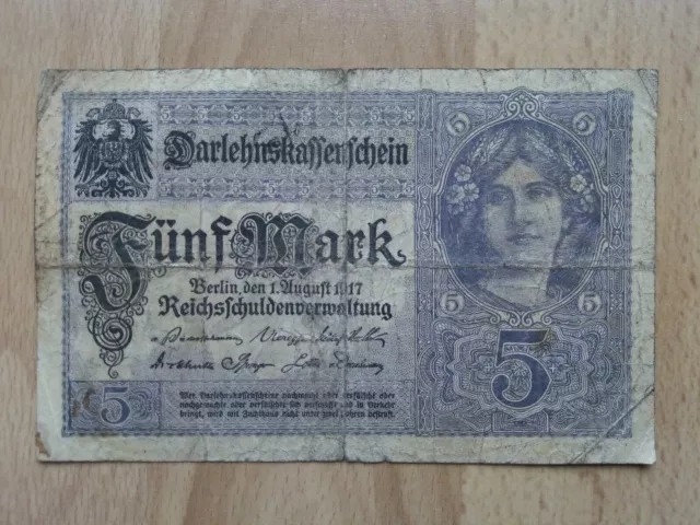 Fünf Mark Darlehenskassenschein/ 5 Mark 1. August 1917/Reichsschuldenverwaltung