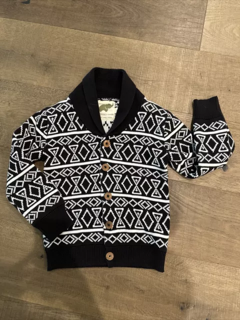 Monica + Andy Shawl Collar Ikat Organic Sweater Black White Wood Buttons 6 Boys