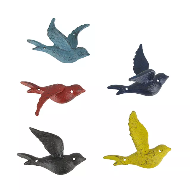 Set of 5 Colorful Cast Iron Distressed Finish Flying Bird Decorative Sculptures
