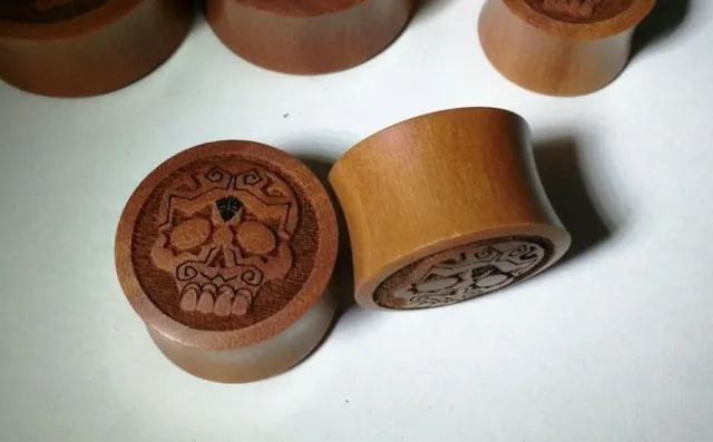 Pair ORGANIC Handmade Flower Candy Skull Head Saba Wood Saddle Ear Plugs Gauges