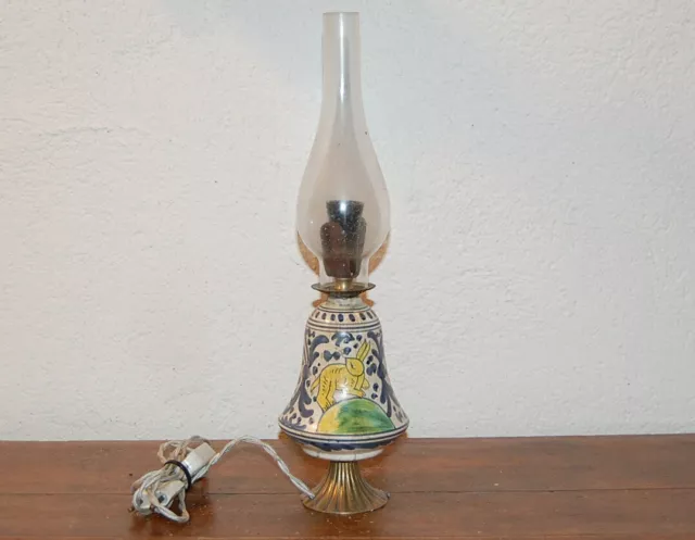 Antica Lampada da Tavolo Bronzo Ceramica Vetro