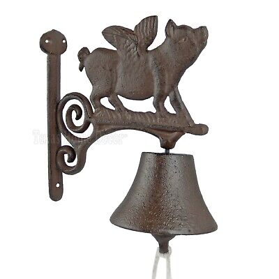 Flying Pig Dinner Bell Cast Iron Wall Mounted Antique Style Scrolls Rustic