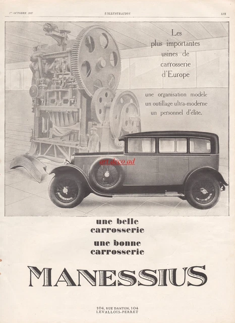 Publicité Manessius carrossier Automobile car vintage print ad 1927 -2j