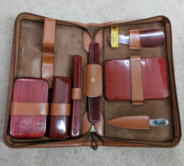 Mens Vintage Brown Vanity Travel Toiletry Grooming Set Kit Cowhide Leather Case