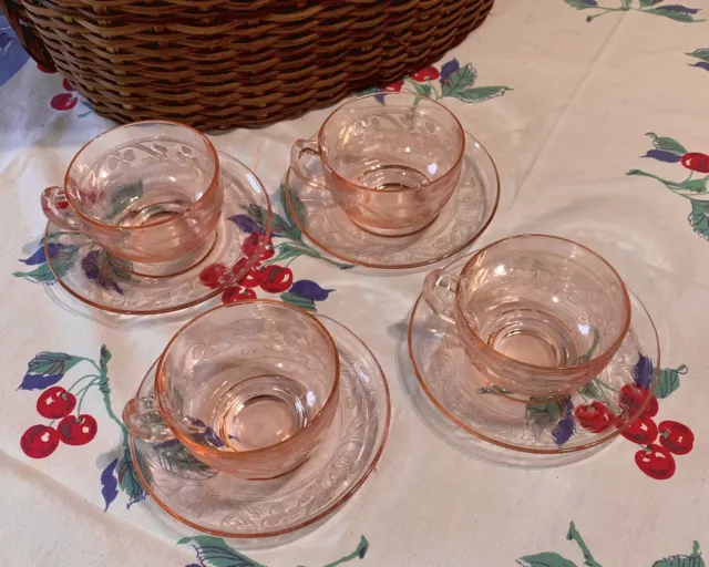1930's Four (4) Cloverleaf Hazel Atlas Depression Glass Cups and Saucers