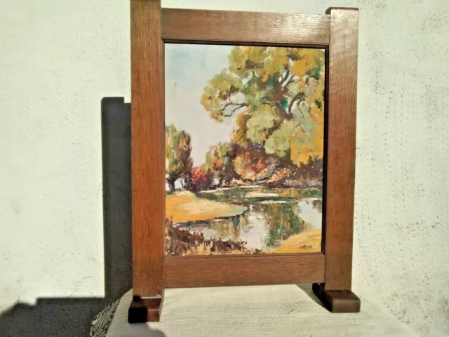 VINTAGE WOODEN FIRE SCREEN / FIRE GUARD with HAND PAINTED SIGNED LANDSCAPE 1945