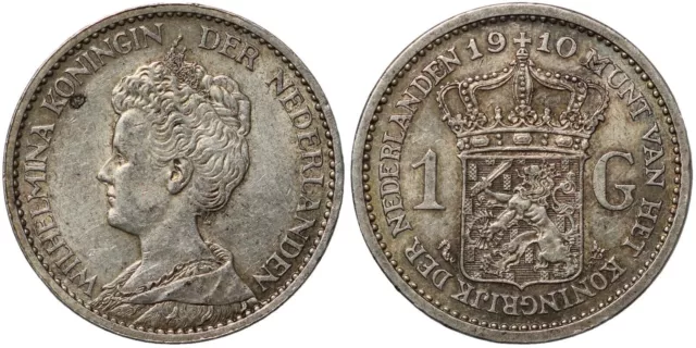 Netherlands 1910 1 Gulden KM# 148 Wilhelmina I World Silver Coin - Key Date